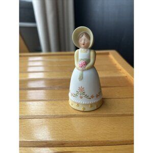 Avon Country Porcelain Girl / Bell 1985 Flowers Green Bonnet Long Yellow Dress